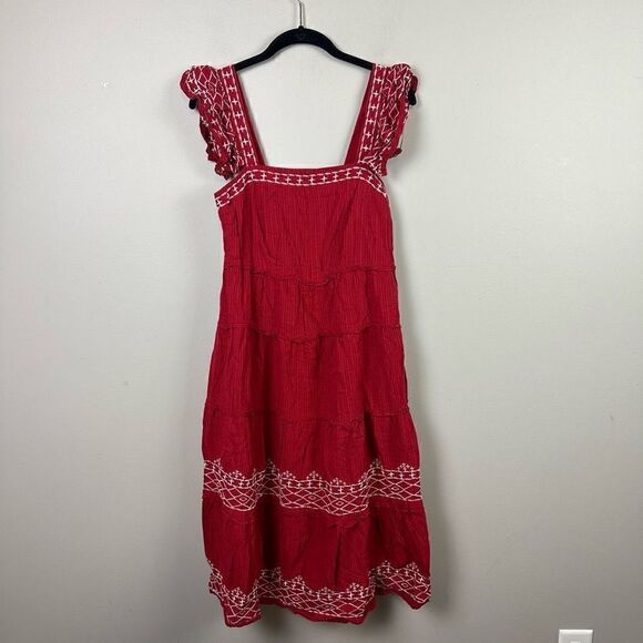 Knox Rose boho embroidered square neck ruffle shoulder tiered midi dress - Picture 2 of 13